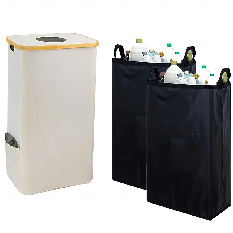 Recycling Bin for Kitchen Indoor Home, 100L Laundry Hamper with 2 Removable Inner Bags, Bamboo Frame, Oxford Fabric, Self-Closing Top Opening, Side Pocket, Organizer for Bottles Clothes Toys Office Dorm