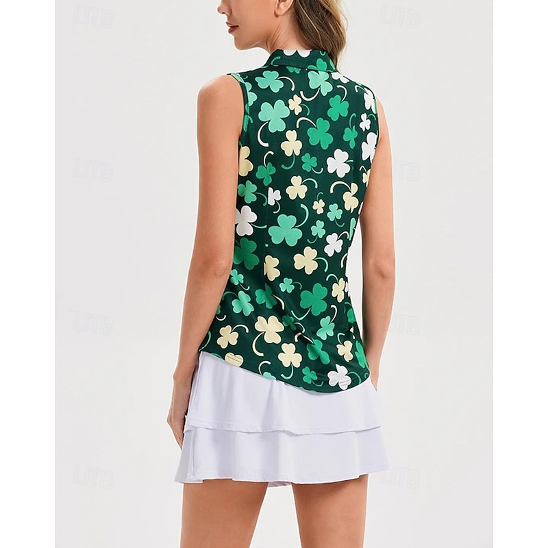 Women's Clover Tennis Shirt Sleeveless Print UPF50+ Quick Dry Tennis Golf Badminton Zip Collar Tee Tshirt Top Green Tennis Clothing3