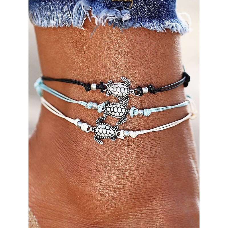 Women's Turtle Charm Friendship Anklet Set - Adjustable Bracelet with Silver Beads and Turtle Charm - Beach and Summer Accessories2