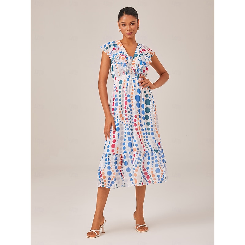Colorful Polka Dot Chiffon Ruffled Waisted Dress