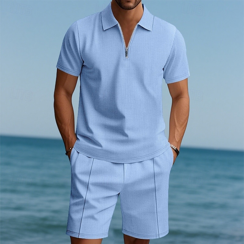 Men's Polo Shirts Quarter Zip Polo Outdoor Daily Wear Lapel Short Sleeve Fashion Hawaiian Plain 2 Piece Summer Regular Fit Black White Navy Blue Royal Blue Green Khaki Polo Shirts3