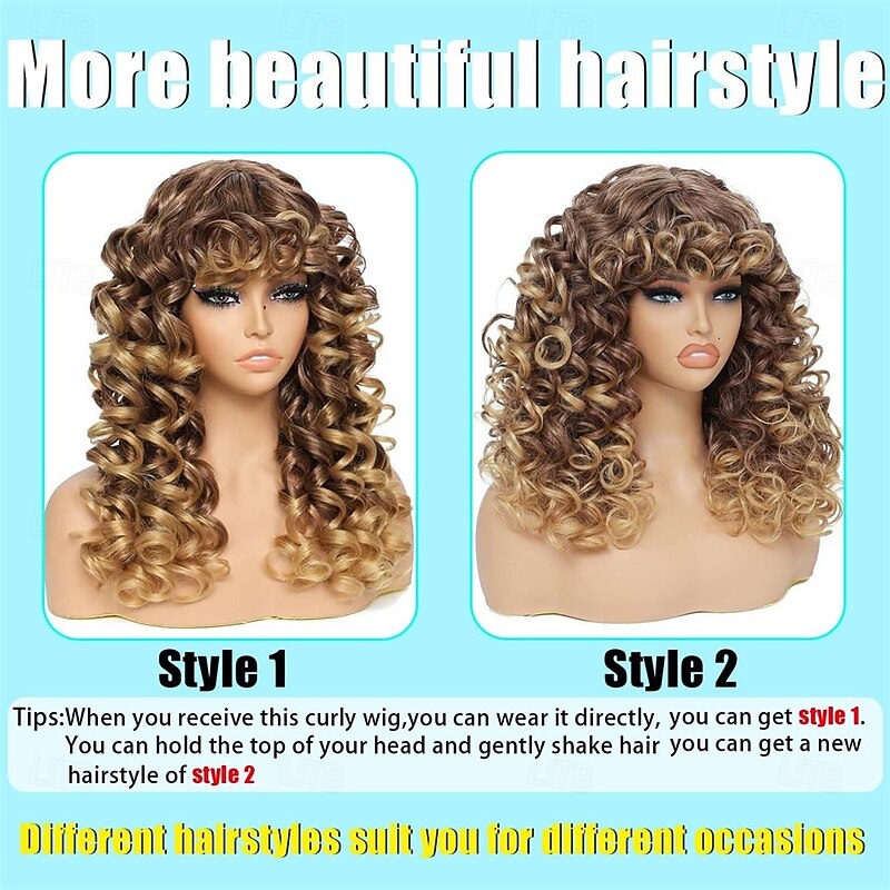 Curly Wig Big Curly Wigs for White Black Women 20 Inch Long Curly Afro Wig with Bangs Synthetic Hair Replacement Wigs for Cosplay and Daily Ombre Blonde Halloween Wigs3