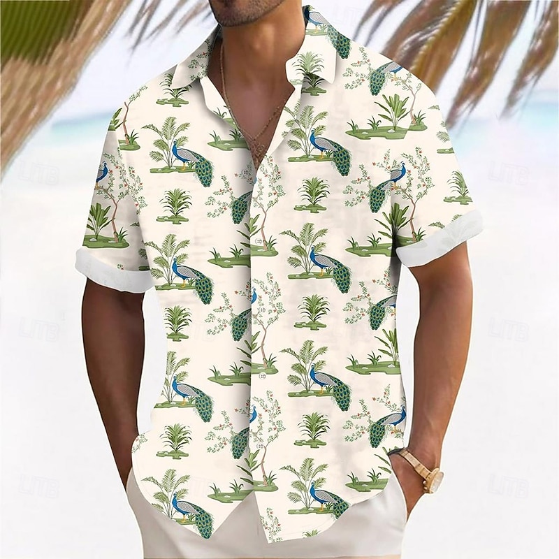Men's Bird Peacock Tropical Plants Summer Hawaiian Shirt Button Up Shirt Aloha Shirt Short Sleeve Hawaiian Vacation Holiday Beach Wear Summer Spring Turndown 3D Print Collared Shirts Apricot