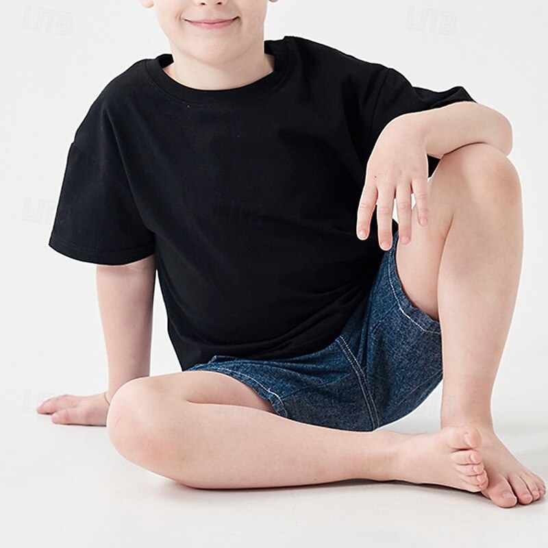 Kids Boys T shirt Tee Solid Color Short Sleeve Crewneck Children Top Outdoor Basic Summer Black 4 years+3