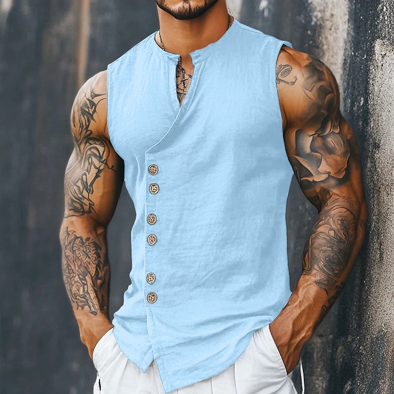 Men's Shirt Linen Shirt Summer Shirt Beach Shirt Vintage Shirt Sleeveless Shirt Plain Daily Streetwear Black White Sky Blue Khaki Sleeveless Mandarin Collar Summer Spring Clothing Apparel Buttons4