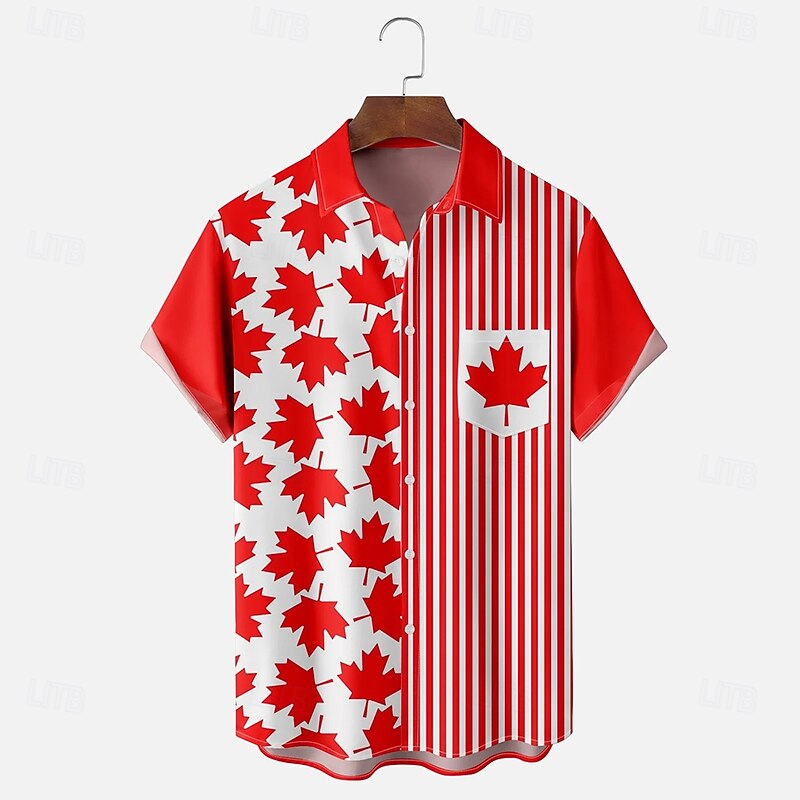 Canada Day Men's Striped Maple Leaf Shirt Summer Shirt Button Up Shirt Short Sleeve Fashion Casual Holiday Summer Spring Turndown 3D Print Collared Shirts Front One Pocket Red