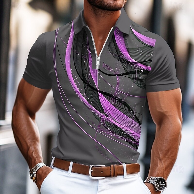 Men's Geometic Line Zip Polo Shirts Short Sleeve Polo Shirts Collared Shirts Business Casual Business Athleisure Wear to work Daily Wear 3D Print Summer Blue Purple Orange4