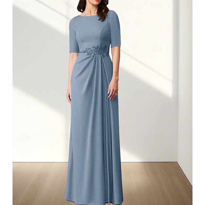 A-Line Mother of the Bride Dress Wedding Guest Elegant Crew Neck Floor Length Chiffon Stretch Fabric Half Sleeve with Appliques Ruching3