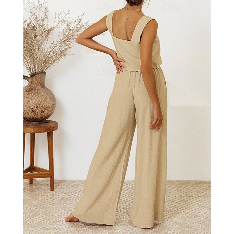 Women's Active Fashion Blouse Pants Sets Sleeveless U Neck Solid Color Drawstring Holiday Going out White Purple Khaki Summer Regular Fit3