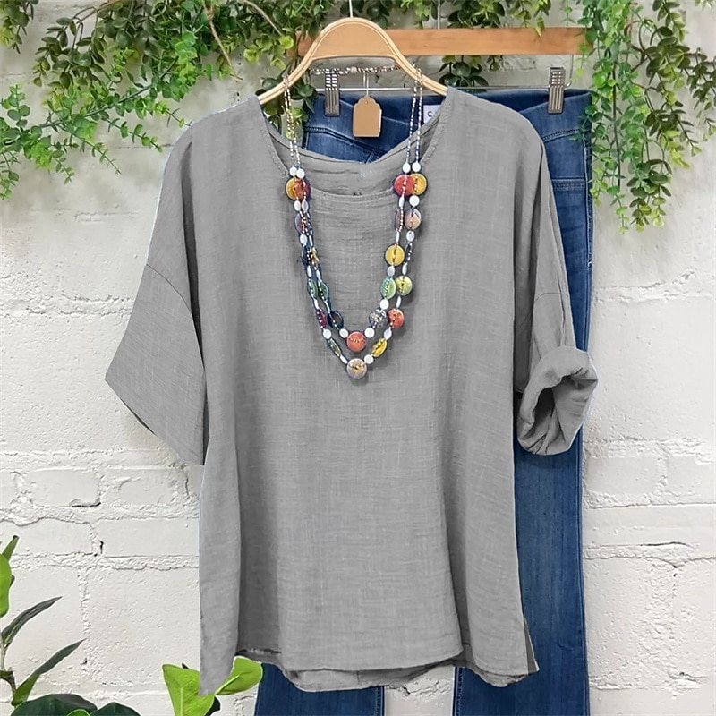 Women's Shirt Linen-Inspired Shirts Summer Tops Plain Daily Stylish Basic Half Sleeve Crew Neck Regular Tops Work Daily Holiday Yellow Blue Gray Spring Fall