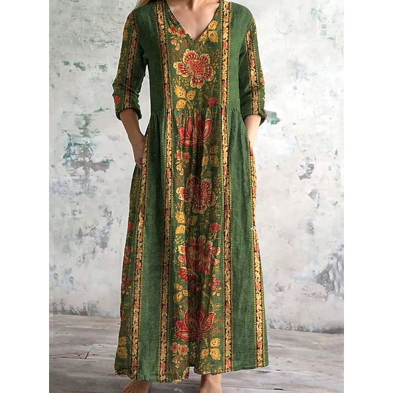 Women's Midi Dress Sundress A Line Dress Vacation Casual Boho Going out Beach Floral Graphic 3/4 Length Sleeve V Neck Green Summer Spring