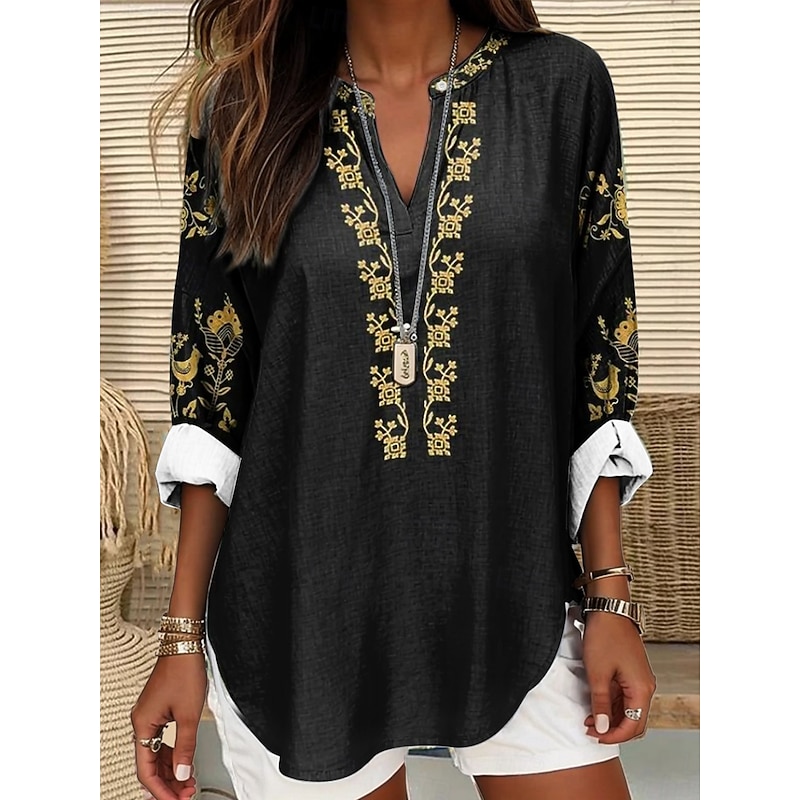 Women's Blouse Tunic V Neck Long Sleeve Boho Casual Floral Graphic Vintage Tropical Regular Tops Daily Vacation Wear Print Black Blue Khaki