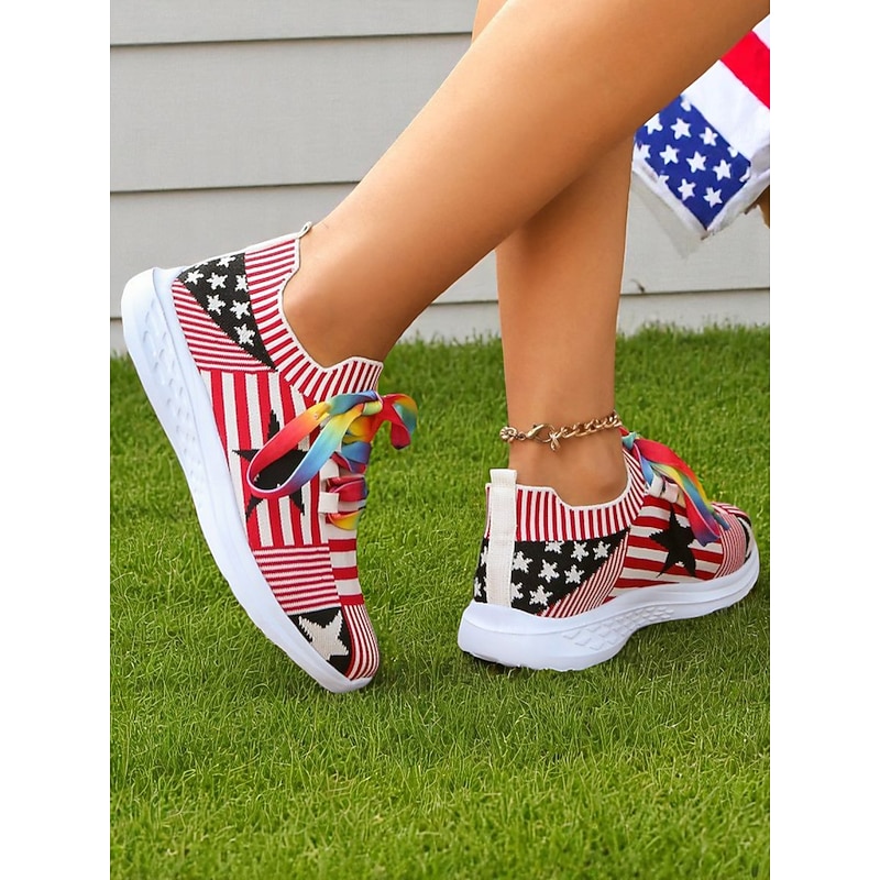 Women's Fourth of July Flyknit Sneakers with Colorful Rainbow Laces – Breathable Stars and Stripes Running Shoes for Independence Day and Everyday Sport Style4