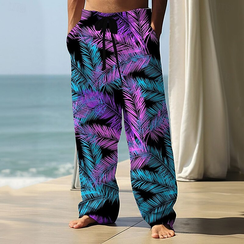 Men's Coconut Tree Palm Leaf Tropical Plants Trousers Baggy Pants Casual Pants Mid Waist Hawaiian Casual Vacation Holiday Beach Wear Drawstring Elastic Waist Wide Leg Summer Spring 3D Print Black2