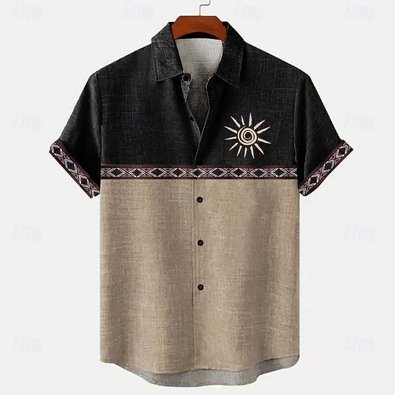 Men's Geometric Sunflower Linen Shirt Summer Hawaiian Shirt Button Up Shirt Short Sleeve Hawaiian Resort Vacation Holiday Beach Wear Summer Spring Turndown Collared Shirts Black Navy Blue Blue Green4