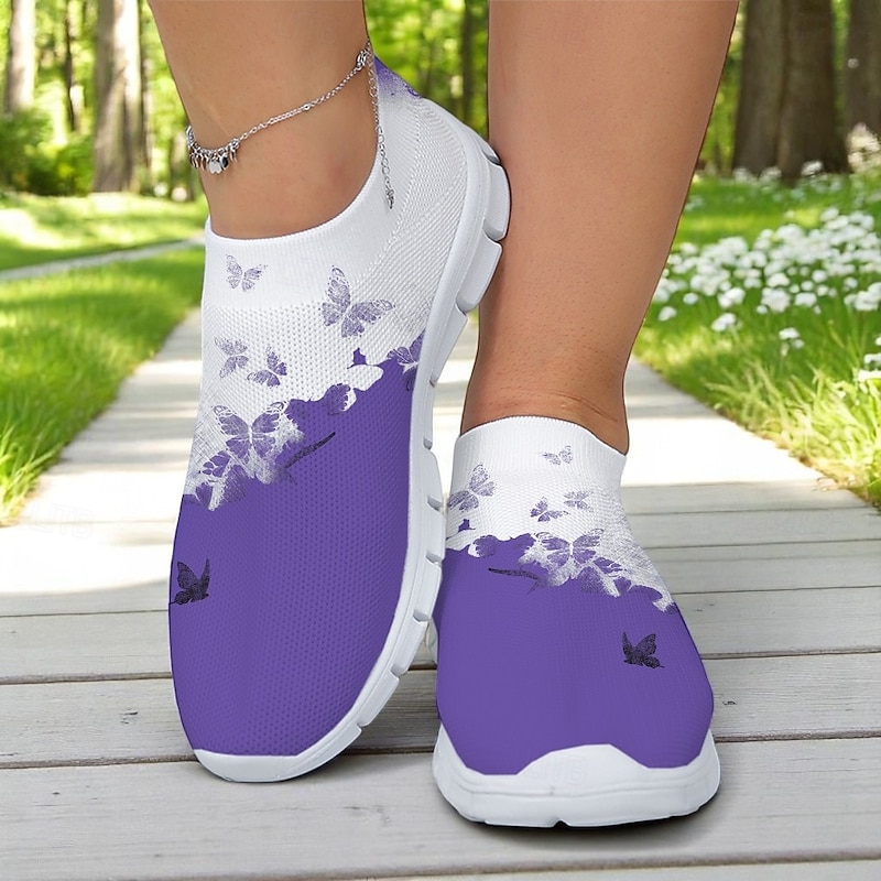 Women's White Fly Knit Walking Shoes with Colorful Dragonfly Print – Lightweight Breathable Casual Slip-Ons for Outdoor Walks, Summer Travel and Everyday Wear