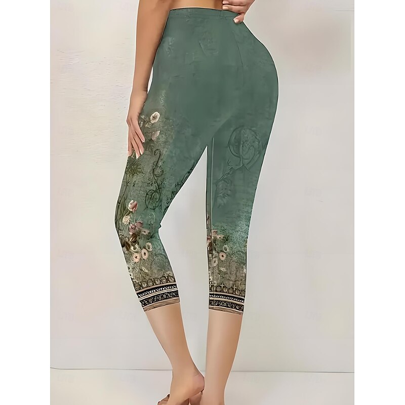 Women's Leggings Vacation Vintage Fashion Calf-Length High Waist Floral Graphic Printing Thermal Warm Breathable Soft Stretchy Outdoor Vacation Street Lake blue Robin's Egg Blue Green ash-colored3