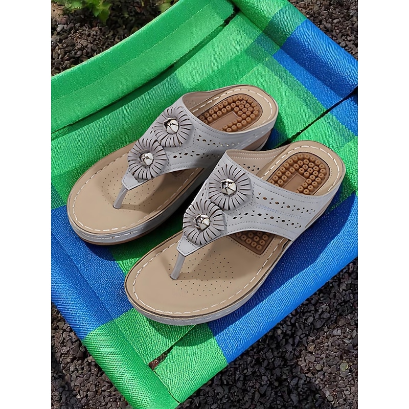 Women's Flower Embellished Flip Flop Sandals – Grey Wedge Design with Massage Insole, Breathable and Stylish for Courtyard Relaxation
