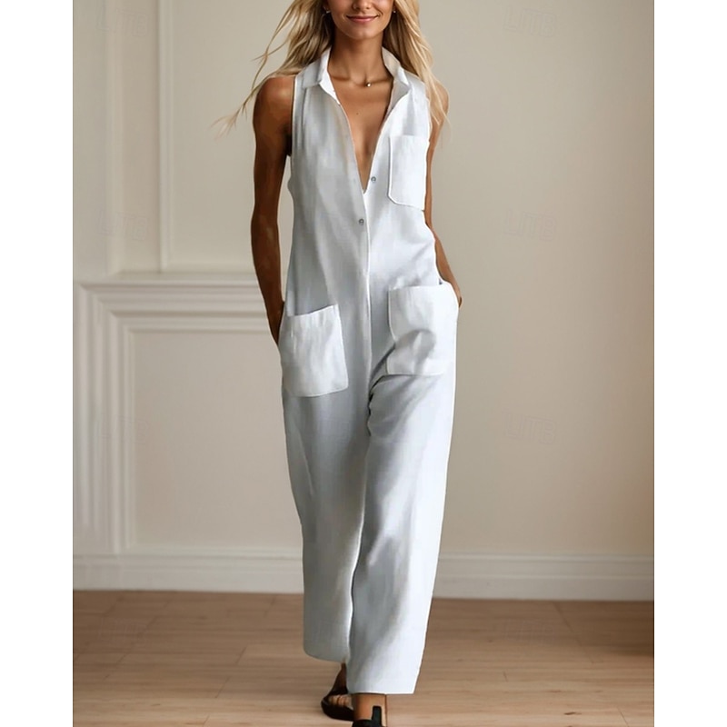 Women's Normal Jumpsuit Streetwear Solid Color Sleeveless Shirt Collar Buttons Pocket Street Daily Regular Fit White Summer