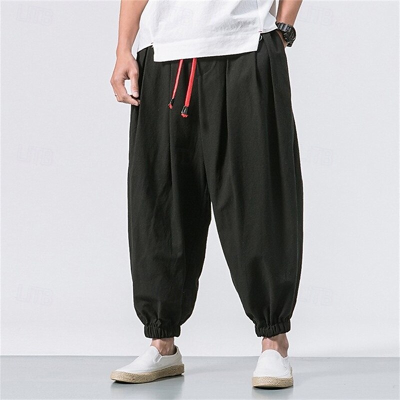 Men's Joggers Linen Pants Trousers Summer Pants Beach Pants Drawstring Elastic Waist Drop Crotch Plain Daily Gym Streetwear Casual Hip-Hop Loose Fit Black White2