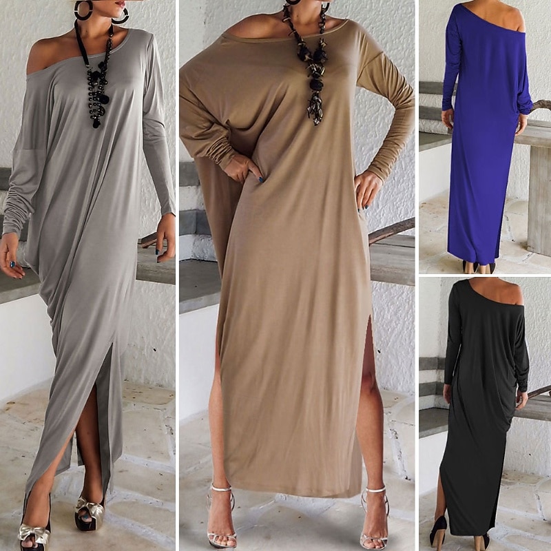 Women's Long Dress Maxi Dress Casual Dress Classic Modern Outdoor Vacation Daily Regular Fit Plain Long Sleeve Crew Neck Black Blue Khaki Gray Summer
