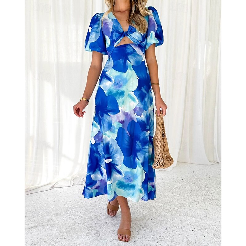 Women's Midi Dress Floral Dress Boho Dress Print Dress Fashion Modern Vacation Holiday Going out Regular Fit Flower Short Sleeve V Neck Blue Green Summer2