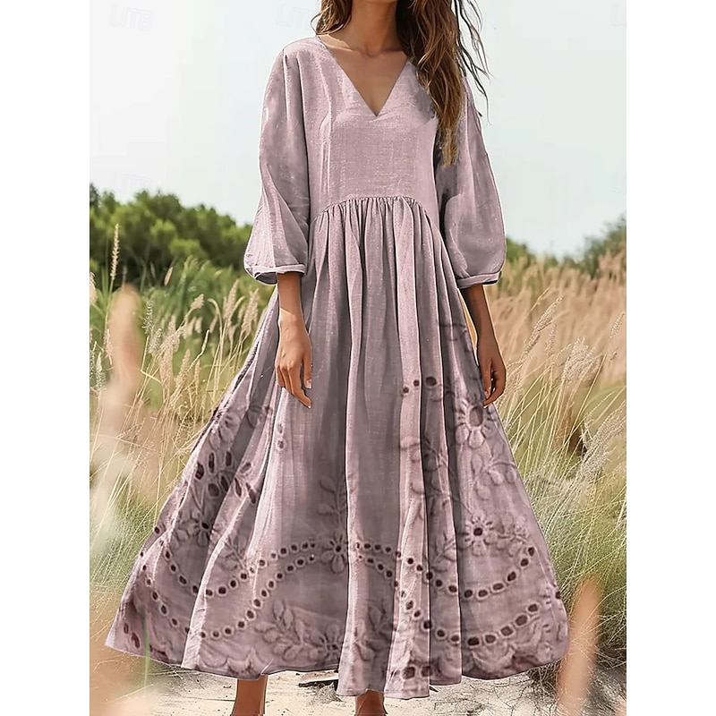 Women's Cotton Linen  Maxi Dress Sundress Pleated Dress Vacation Casual Boho Going out Beach Loose Fit 3/4 Length Sleeve V Neck Pink Blue Orange3