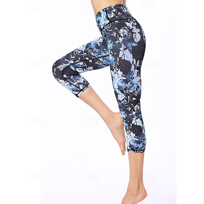 Women's Capri Pants Leggings Cozy Leggings Streetwear Casual Calf-Length Natural Floral Print Comfy Outdoor Comfortable Outdoor Holiday Going out Black and Blue Navy Light Sky Blue Grey Summer3