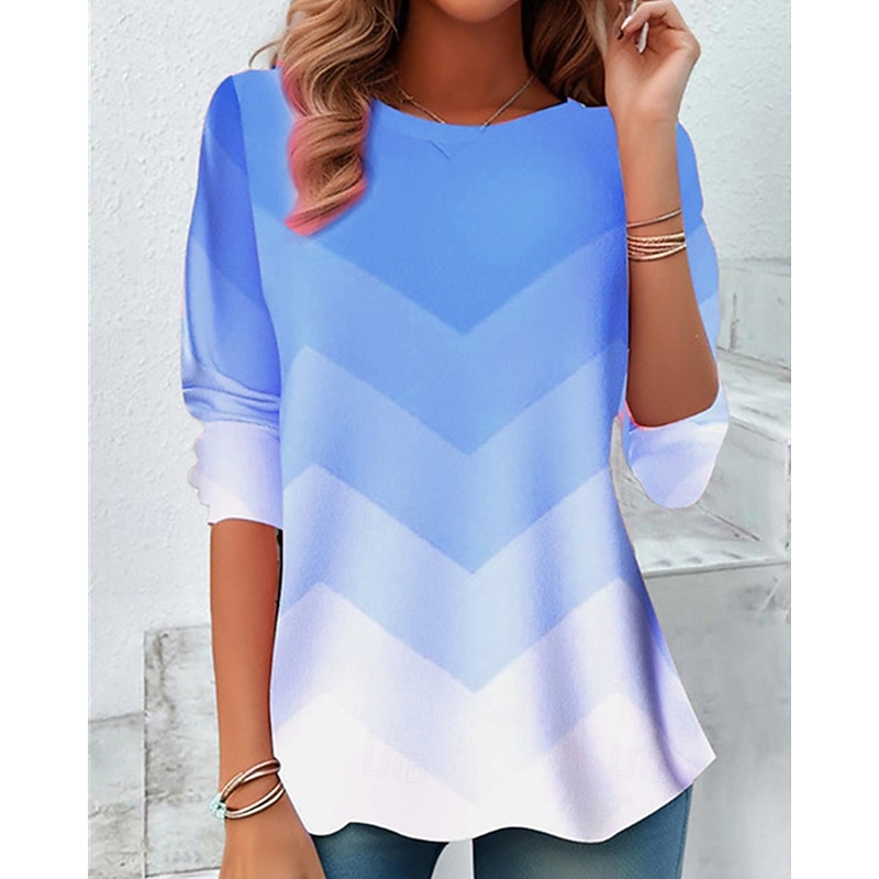 Women's T Shirt Tee Top Color Block Abstract Fashion Modern Long Sleeve Crew Neck Regular Tops Daily Print Red Sky Blue Light Blue Summer Spring