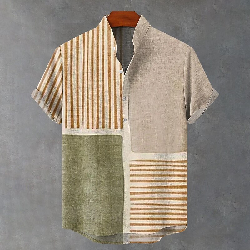 Men's Linen Shirt Popover Shirt Henley Shirt Retro Shirts Vintage Shirt Ethnic Shirt Stripe Vacation Casual Khaki Short Sleeve Mandarin Collar Summer Spring Clothing Apparel