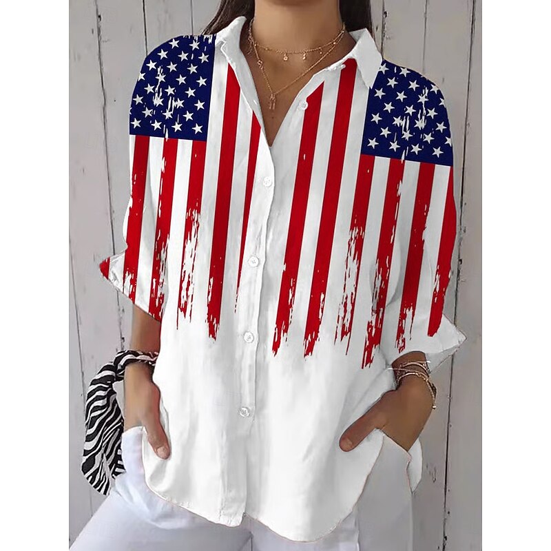 Women's Patriotic Shirt Graphic Flag Vintage Stylish Casual Regular Tops Daily White Blue Spring