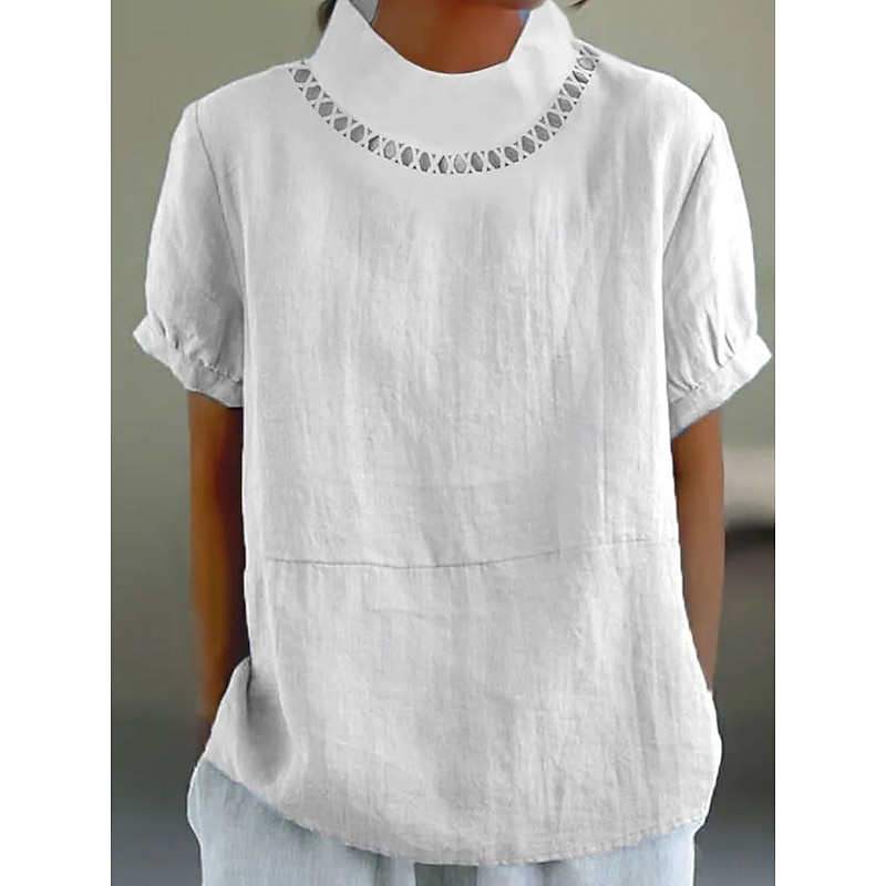 Women's Blouse Solid Color Elegant Stylish Casual Short Sleeve Turtleneck Regular Tops Daily Holiday White Blue Summer2