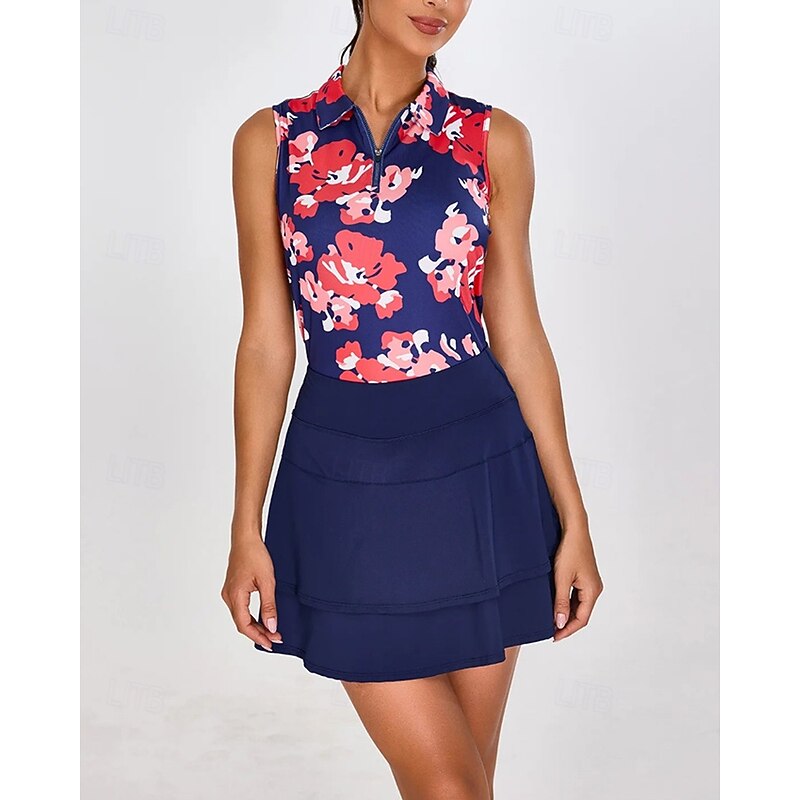 Women's Floral Tennis Shirt Sleeveless Print UPF50+ Quick Dry Tennis Golf Badminton Zip Collar Tee Tshirt Top Red Tennis Clothing4