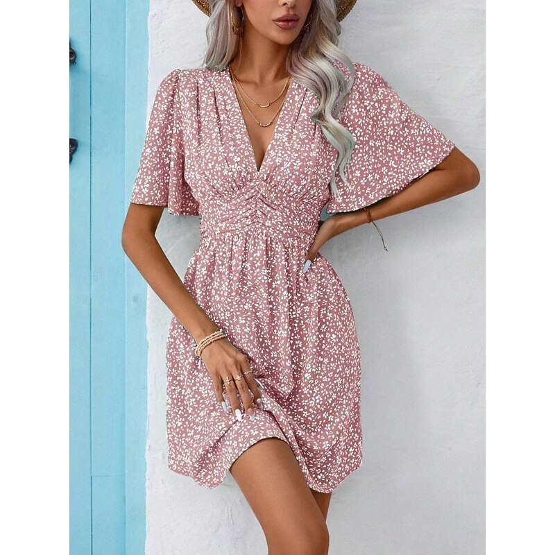 Women's Mini Dress A Line Dress Casual Outdoor Going out Standard Fit Floral Short Sleeve V Neck Black Pink Blue Purple Summer4