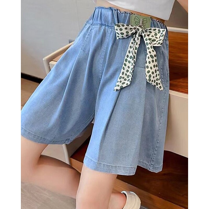Kids Girls' Shorts Solid Color Streetwear Tie Knot School 4 years+ Summer Light Blue2