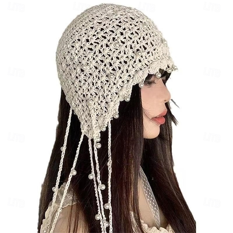 1pc Beige Color Retro Crochet Hollow Out Headband With Pearl And Tassel3