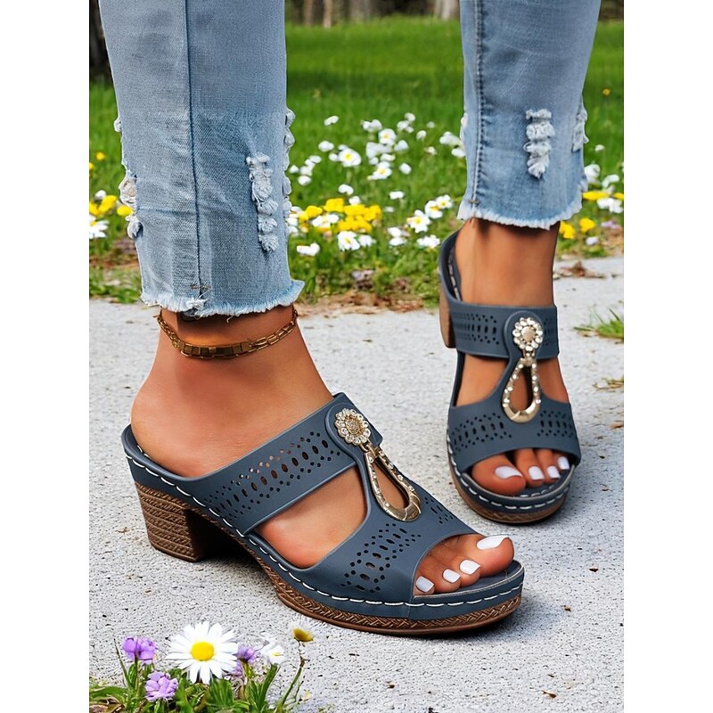 Women's Chunky Heel Mule Sandals – Hollow-Out Rhinestone Design, Retro Buckle Decor, Comfortable Sole, for Outdoor Walks, Garden and Casual Summer Outfits3