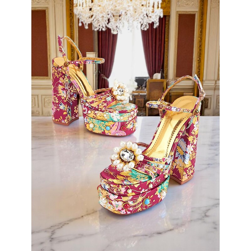Women's Floral Platform High Heels – 1920s Colorful Baroque-Style Sandals with Pearl Embellishments for Parties, Stage Shows, and Glamorous Occasions2