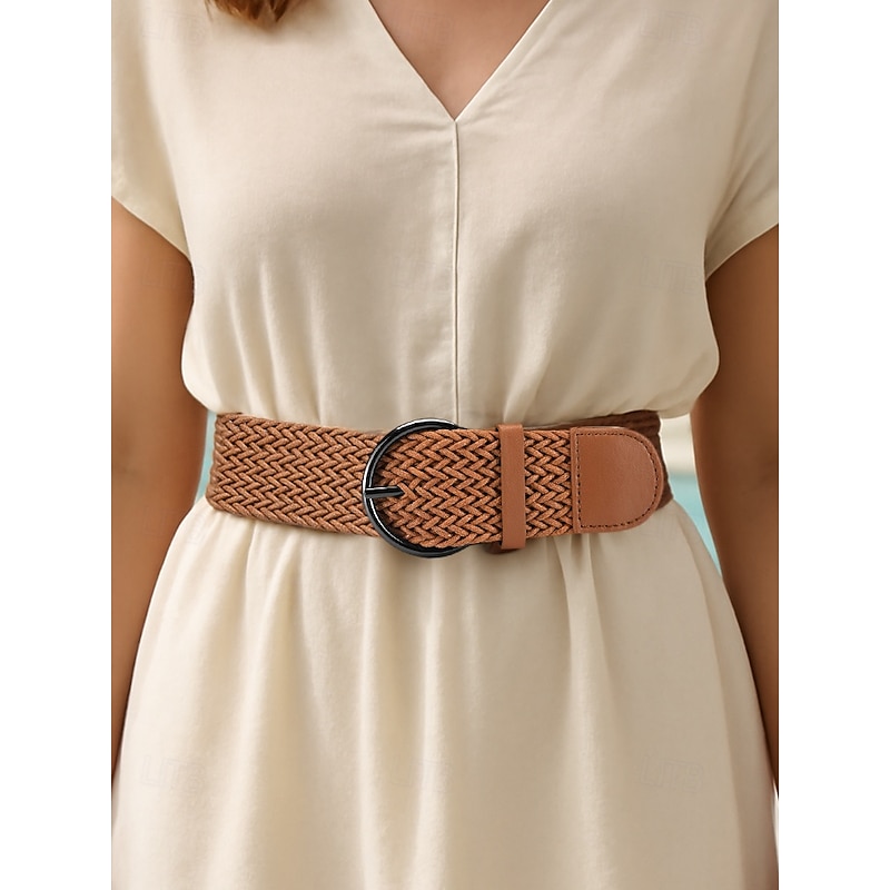 Women's Faux Leather Braided Belt with Details and Round Buckle - Bohemian Casual Belt for Dresses, Skirts and Summer Outfits