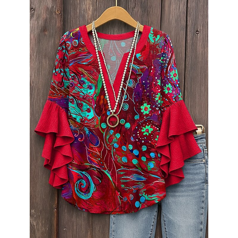 Women's Blouse V Neck Layered Ruffle Sleeve Tops Graphic Geometric Vintage Daily Stylish 3/4 Length Sleeve Regular Tops Daily Holiday Vacation Wear Print Red Blue Purple Green Summer Spring4