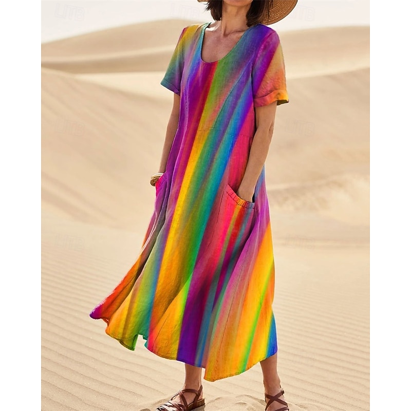 Women's Long Dress Maxi Dress Casual Dress Swing Dress Summer Dress Elegant Fashion Romantic Outdoor Party Holiday Regular Fit Flower Short Sleeve Crew Neck Purple Rainbow Rose Red Summer2