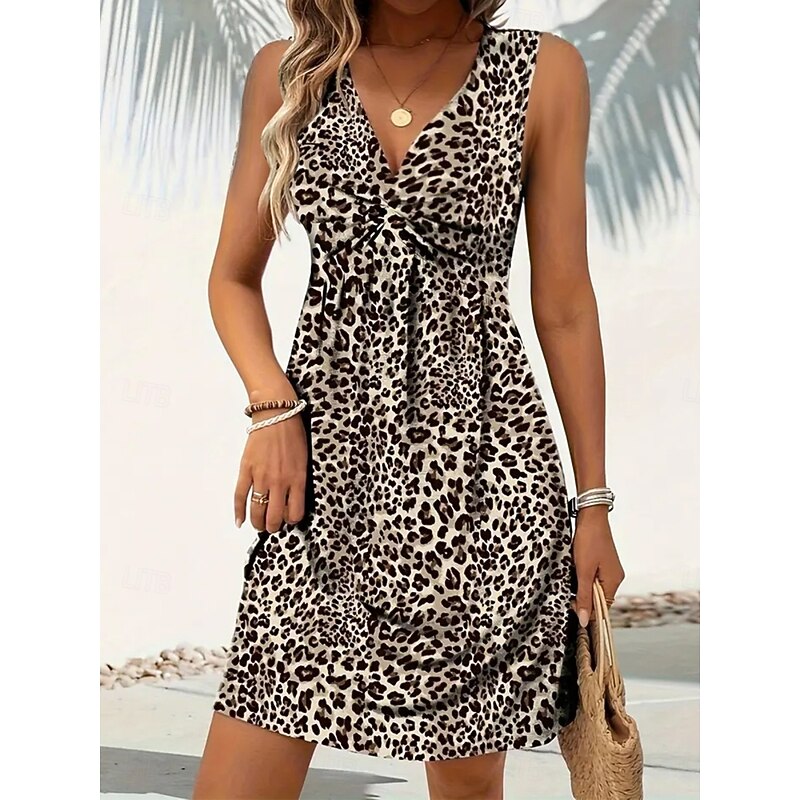 Women's Mini Dress A Line Dress Slip Dress Off The Shoulder Dress Casual Outdoor Going out Standard Fit Leopard Sleeveless V Neck Black Wine Blue Purple Summer