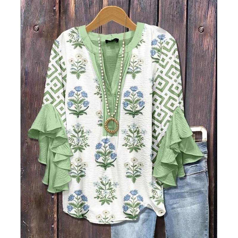 Women's Blouse V Neck Layered Ruffle Sleeve Tops Floral Graphic Striped Daily Stylish Casual 3/4 Length Sleeve Regular Tops Daily Holiday Vacation Wear Print White Blue Sky Blue Orange Green Summer4