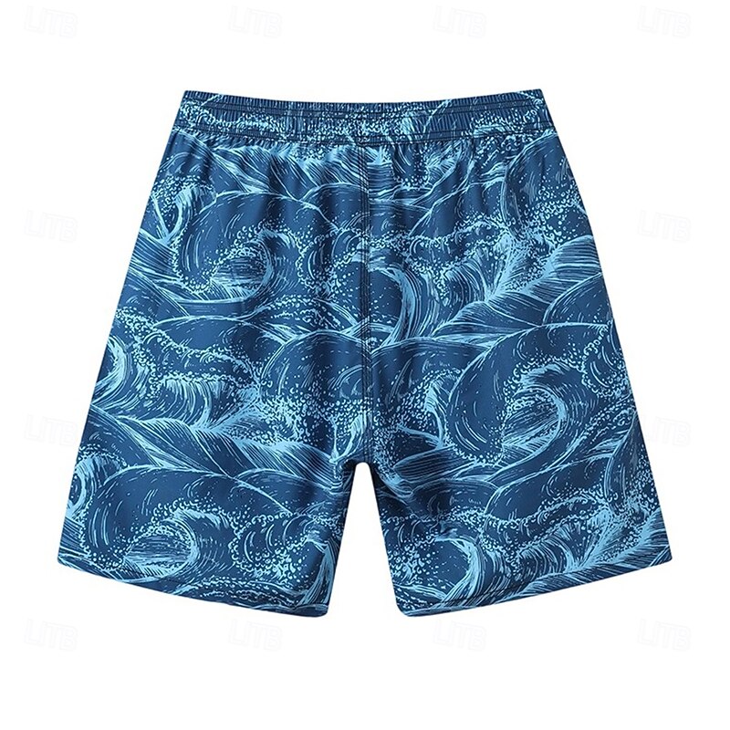 Men's Shorts Beach Shorts Drawstring Ocean Abstract Abstract Art Quick Dry Outdoor Knee Length Outdoor Vacation Home Vacation Ethnic Style Lake blue Navy Blue Stretchy3