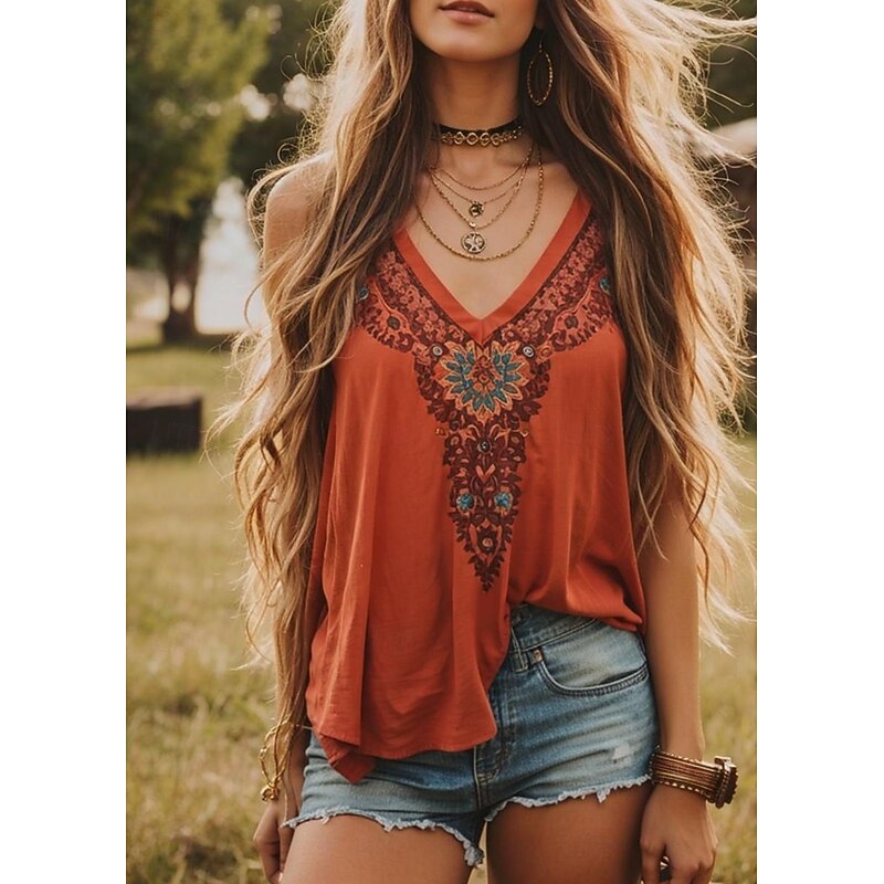 Women's Blouse Floral Graphic Paisley Bohemia Vintage Tropical Sleeveless Strap Regular Tops Daily Holiday Beach Wear Print Orange Summer Spring
