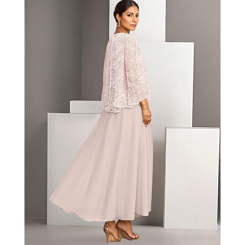 Two Piece A-Line Mother of the Bride Dress Elegant Simple Casual Boat Neck Ankle Length Chiffon Long Sleeve with Lace2