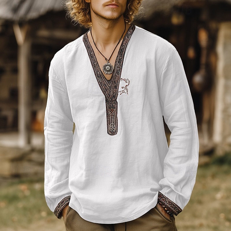 Men's Shirt Linen Shirt Popover Shirt Summer Shirt Retro Shirts Vintage Shirt Solid Color Vacation Street White Sky Blue Green Long Sleeve V Neck Summer Spring Clothing Apparel2