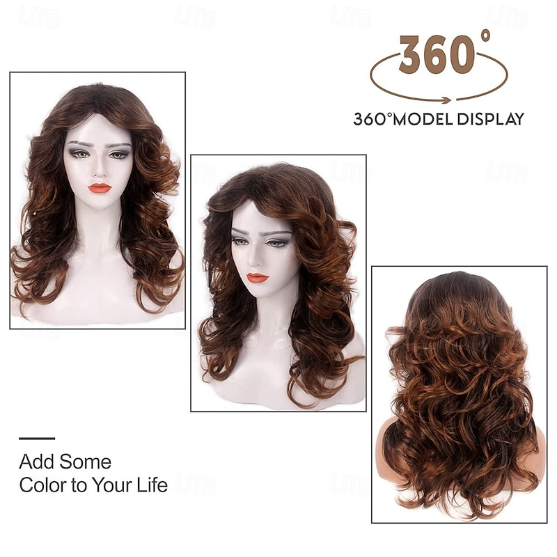 Brown 70s Wigs for Women Feathered Wigs Disco Vintage Womens Hair Wig Long Natural Synthetic Wigs for Lady party Cosplay Costume Fashion Accessory Halloween Wigs3
