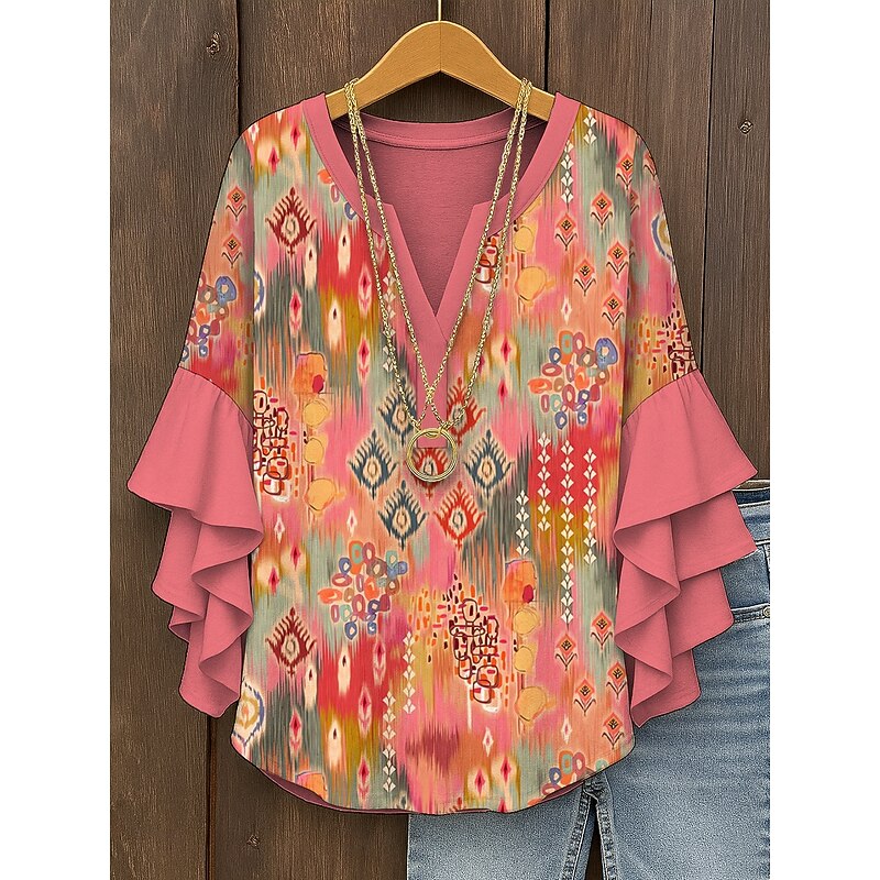 Women's Retro Blouse Layered Ruffle Sleeve Tops Vintage Graphic Geometric Bohemia Vintage Daily 3/4 Length Sleeve Regular Tops Daily Holiday Vacation Wear Print Yellow Pink Blue Purple Green