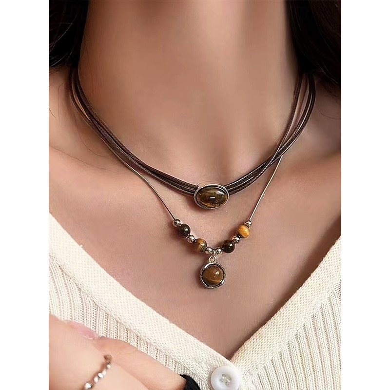 Women's Bohemian style double layer tiger eye stone pendant necklace set, Natural stone material, Suitable for casual, Daily and party wear3